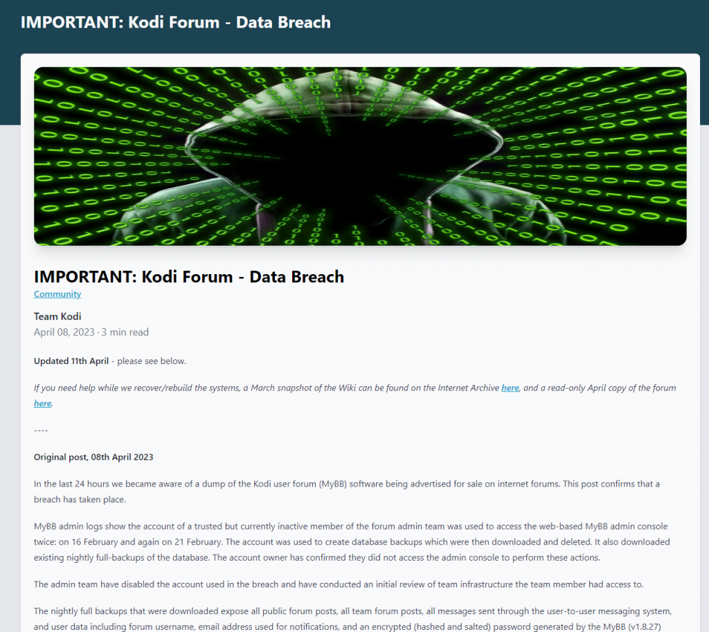  13 04 23 Blog 103 Kodi Forum Breached 400K Accounts Compromised 